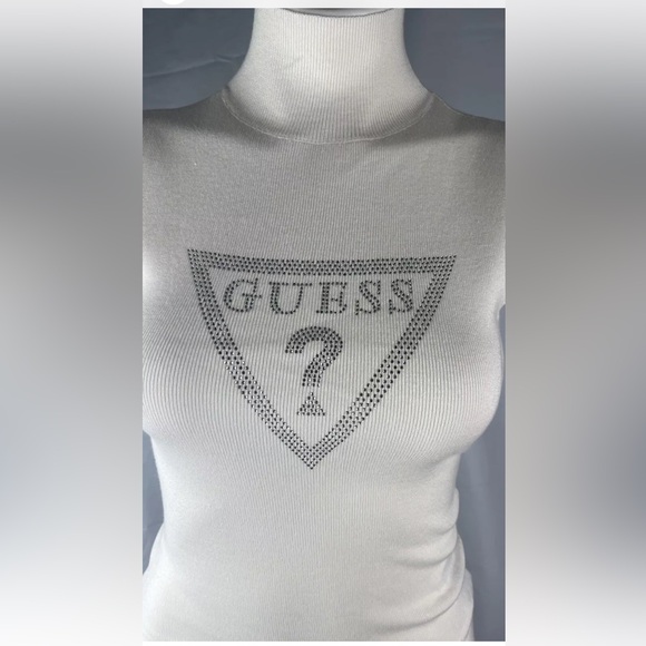 NEW GUESS Ebony Turtle Neck Sweater Tank Sparkle Logo Sleeveless White Size M - Picture 2 of 7